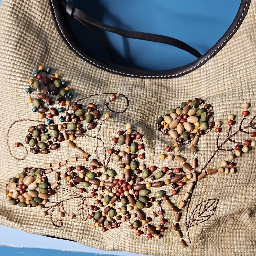 Worthington Vintage Wood Beaded Embroidered Floral Beige Hobo Handbag